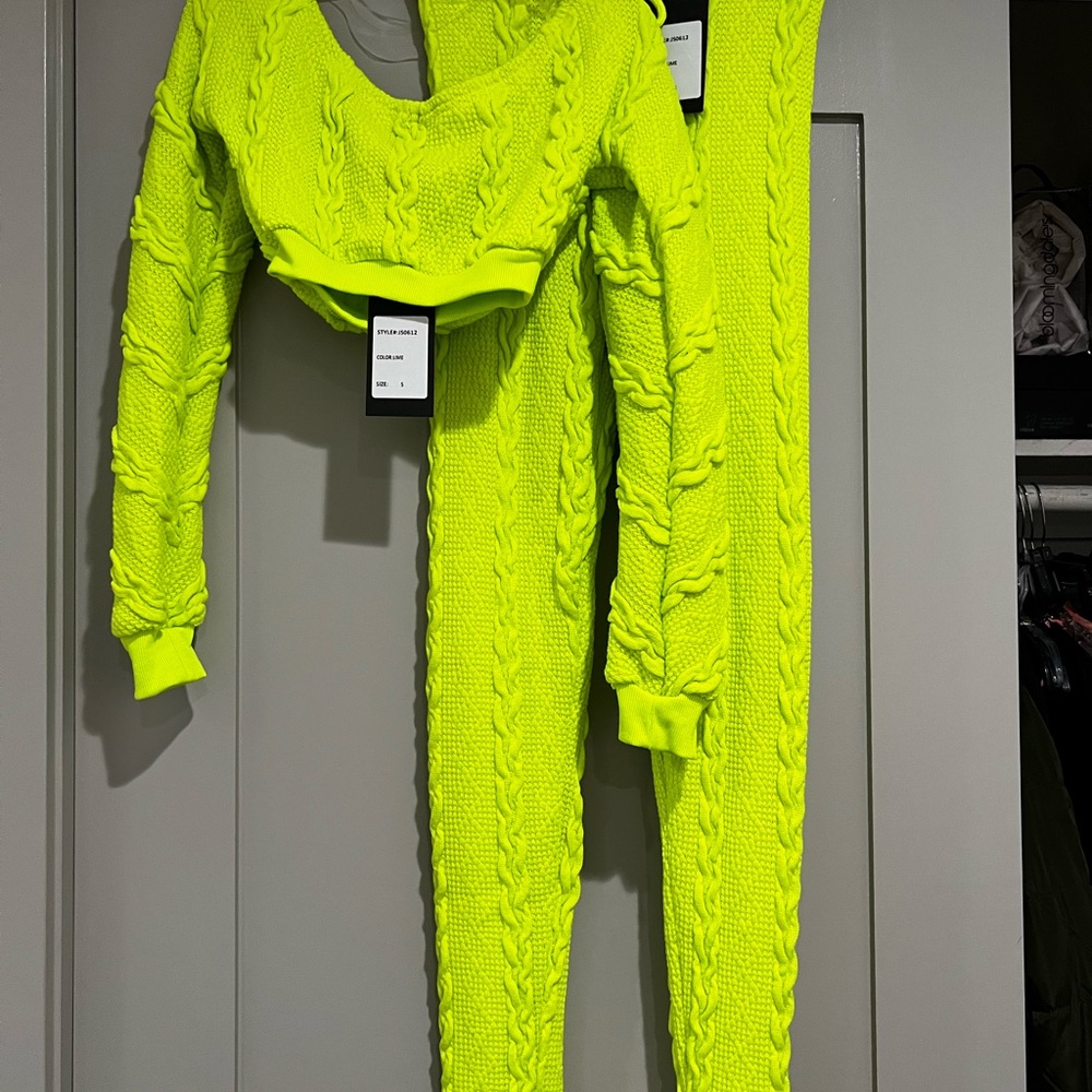 Neon Green Cable Knit Sweater and Pants Set - Picture 2 of 4